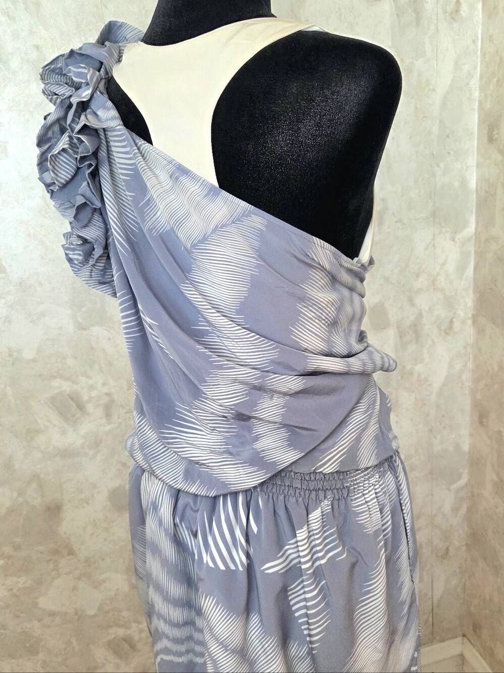 Robert Rodriguez Silk One Shoulder Dress Size 6 Blue White Ruffle Resort Vacatio - Picture 12 of 15